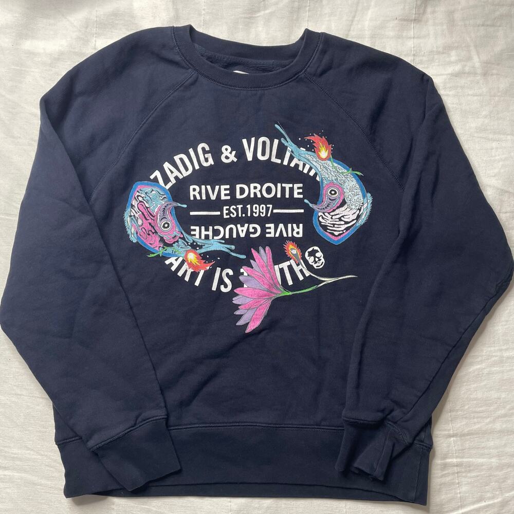 Zadig & Voltaire Navy Blue Rive Droite Graphic Sweatshirt Small Women's Cotton